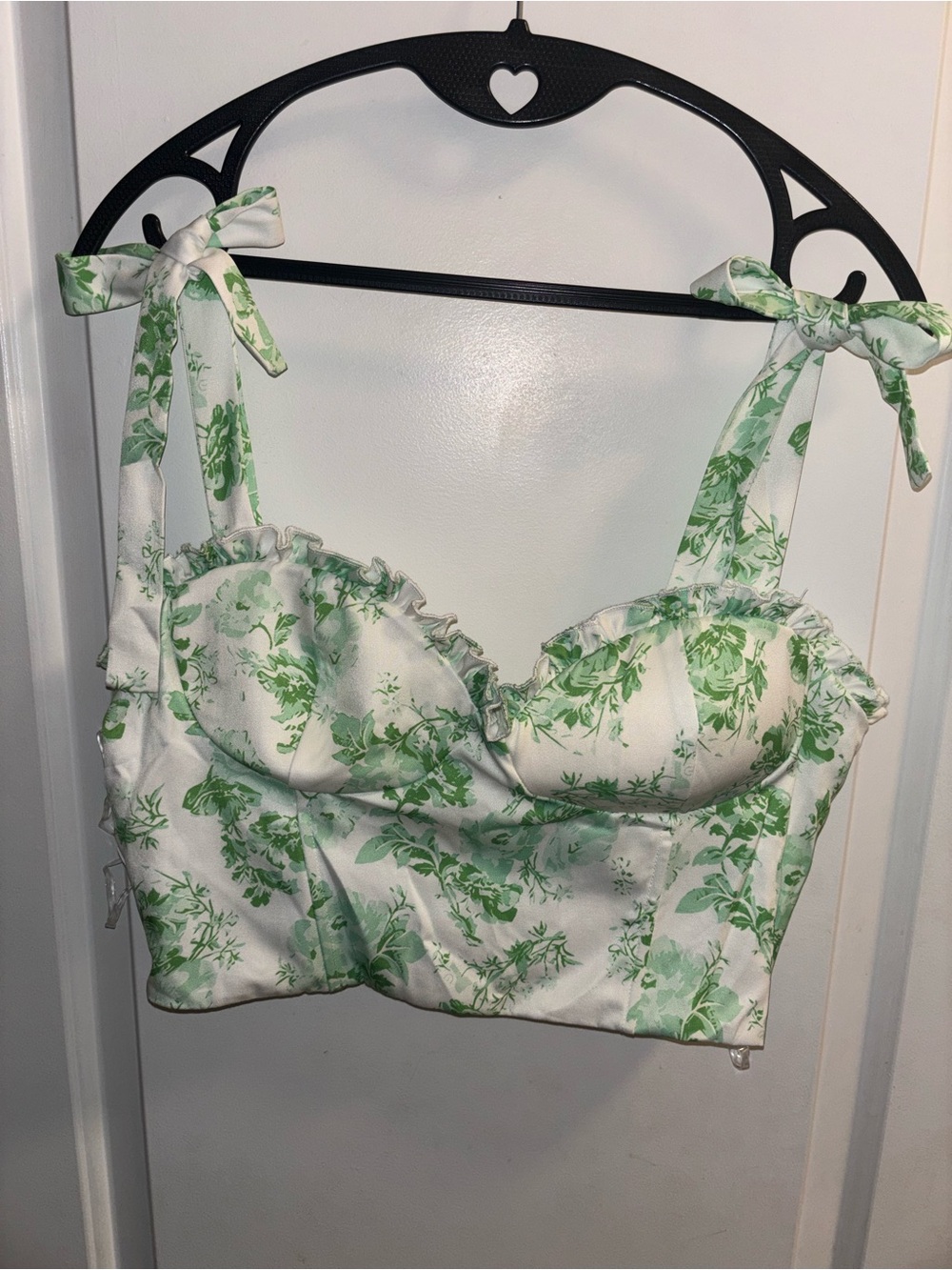 NWOT- Fashion Nova White and Green Floral Tie-Strap Corset Top